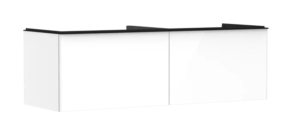 Weißer Waschtischunterschrank mit zwei Schubkästen und schwarzem Oberflächenabschluss, geeignet für Konsolen Aufsatzwaschtisch, erhältlich von Hansgrohe.
